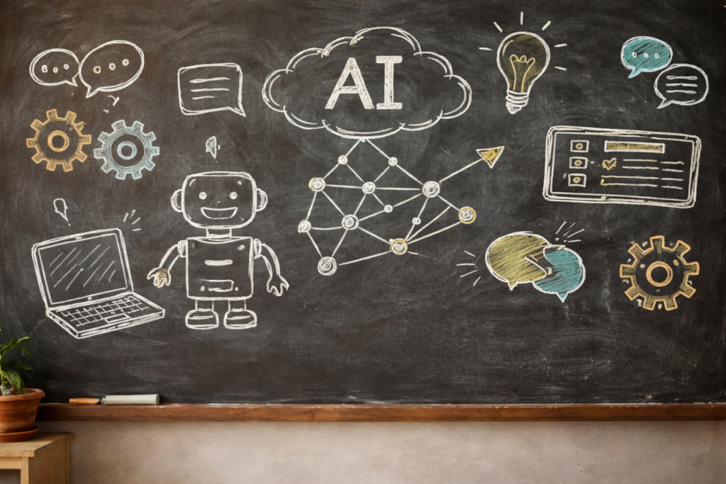 Schultafel mit Symbolen für KI